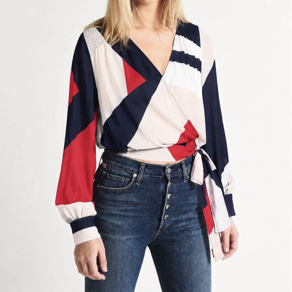 Tanya Taylor Klara Long Sleeve Wrap Top (Sz 4) 100% Silk Colorblock Casual Work